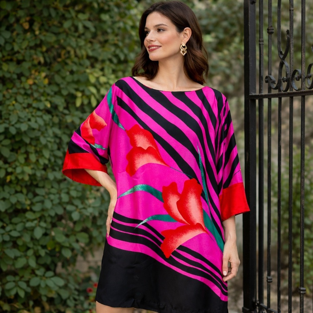 Vintage‎ Flora Kung Silk Dress Sz 6 Pink Black Floral Shift Kimono Sleeve Luxury